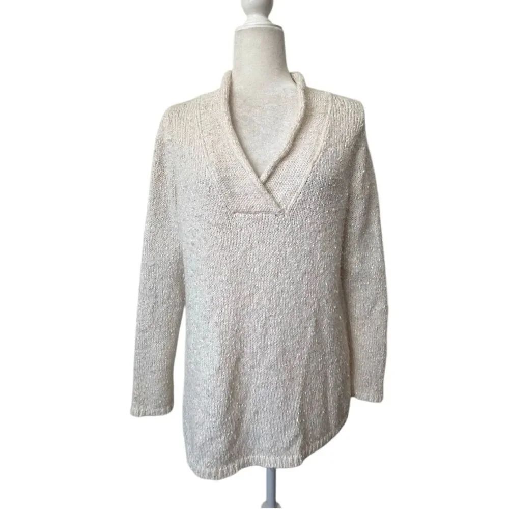Coldwater Creek Pullover Sweater White V Neck Chunky SZ XL
